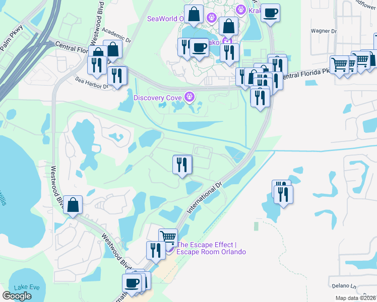 map of restaurants, bars, coffee shops, grocery stores, and more near 6351 International Golf Club Road in Orlando