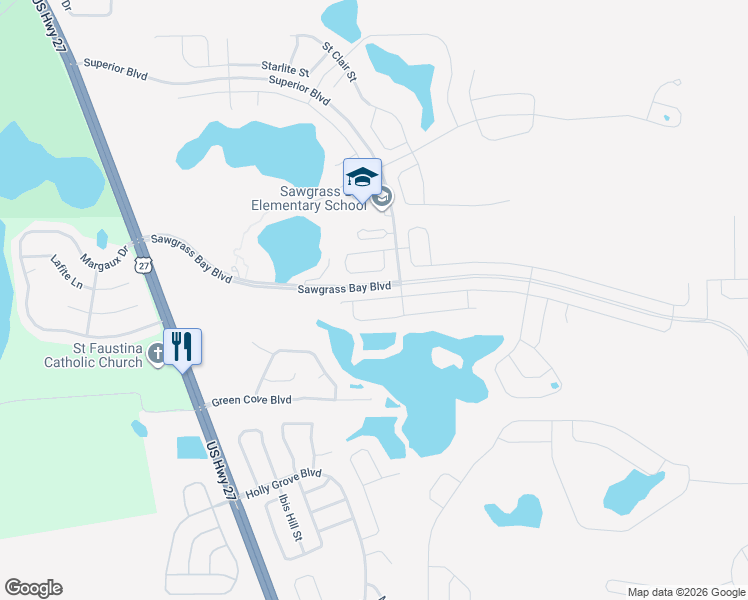 map of restaurants, bars, coffee shops, grocery stores, and more near 16044 Yelloweyed Drive in Clermont