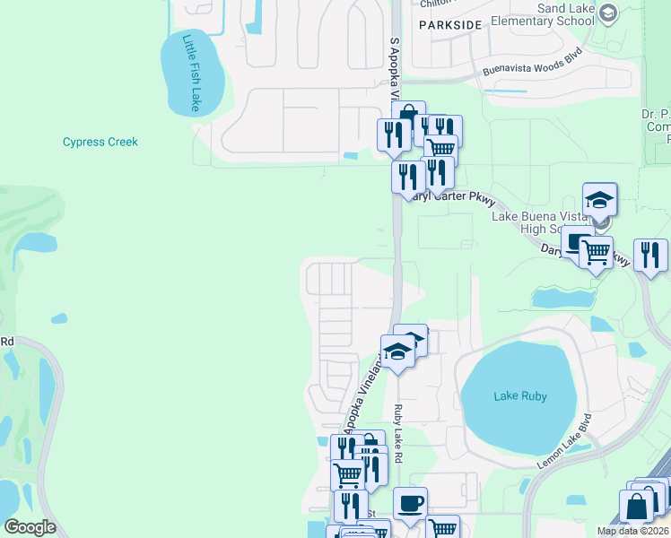 map of restaurants, bars, coffee shops, grocery stores, and more near 11261 Amy Lane in Orlando