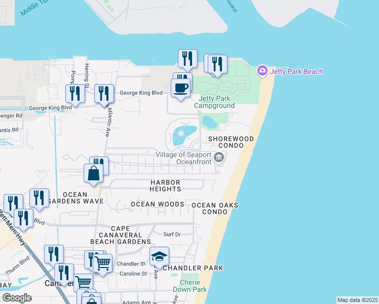 map of restaurants, bars, coffee shops, grocery stores, and more near 638 Seaport Boulevard in Cape Canaveral
