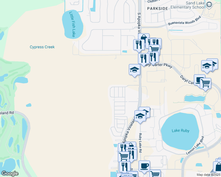 map of restaurants, bars, coffee shops, grocery stores, and more near 8950 Polynesian Lane in Orlando