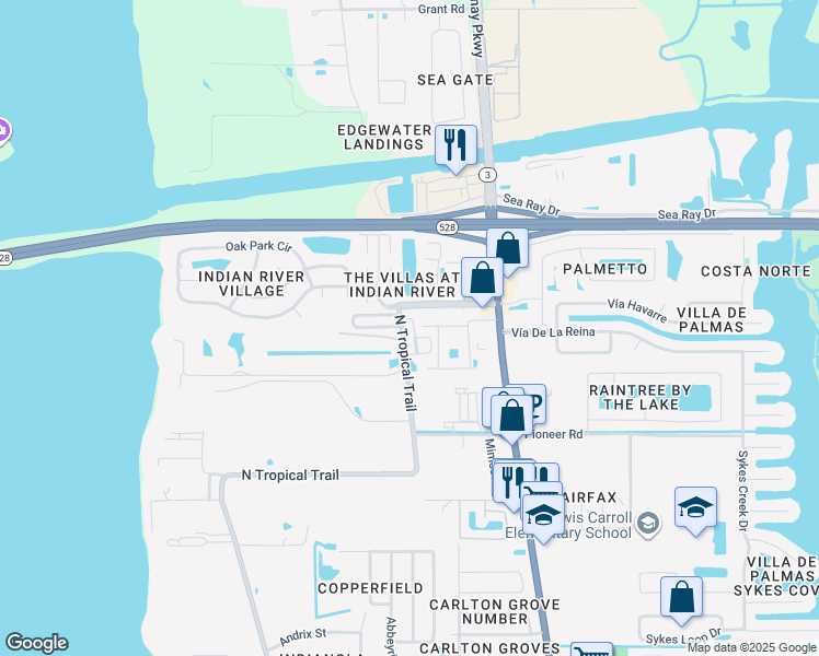 map of restaurants, bars, coffee shops, grocery stores, and more near 2464 Hemingway Lane in Merritt Island