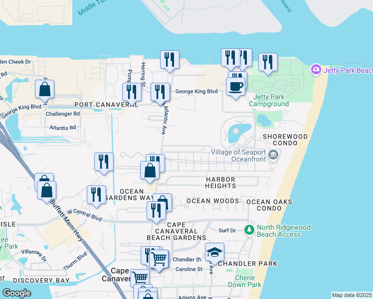 map of restaurants, bars, coffee shops, grocery stores, and more near 212 Seaport Boulevard in Cape Canaveral