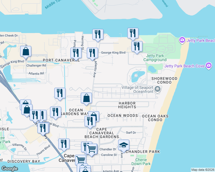 map of restaurants, bars, coffee shops, grocery stores, and more near 212 Seaport Boulevard in Cape Canaveral