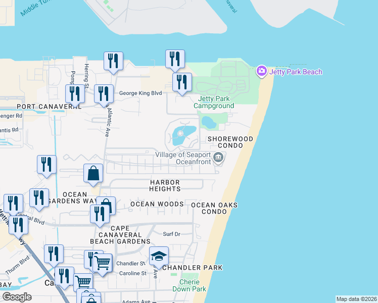 map of restaurants, bars, coffee shops, grocery stores, and more near 239 Seaport Boulevard in Cape Canaveral