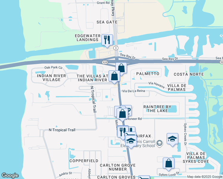 map of restaurants, bars, coffee shops, grocery stores, and more near 110 Summer Place in Merritt Island
