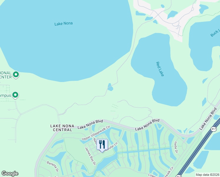 map of restaurants, bars, coffee shops, grocery stores, and more near 9395 Lake Nona Boulevard in Orlando