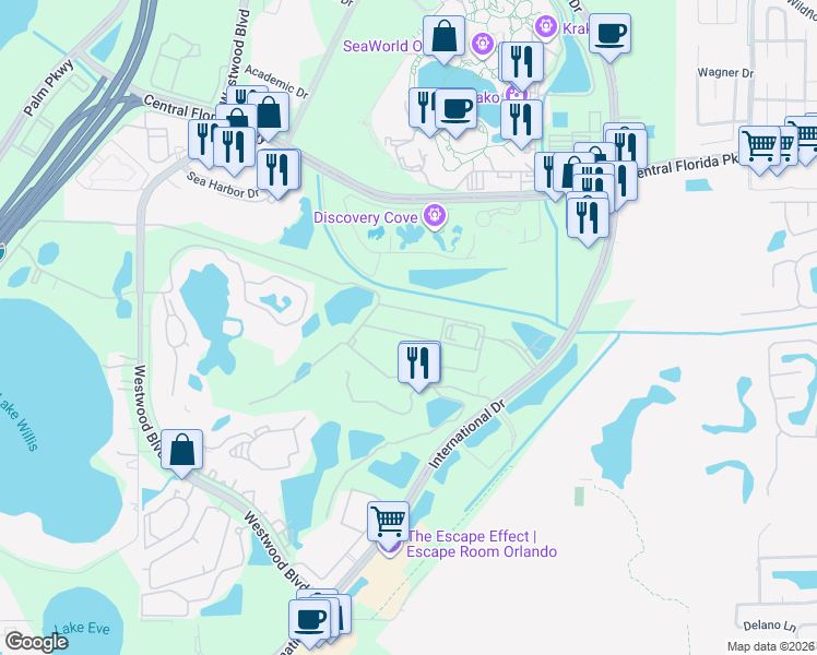 map of restaurants, bars, coffee shops, grocery stores, and more near 6351 International Golf Club Road in Orlando