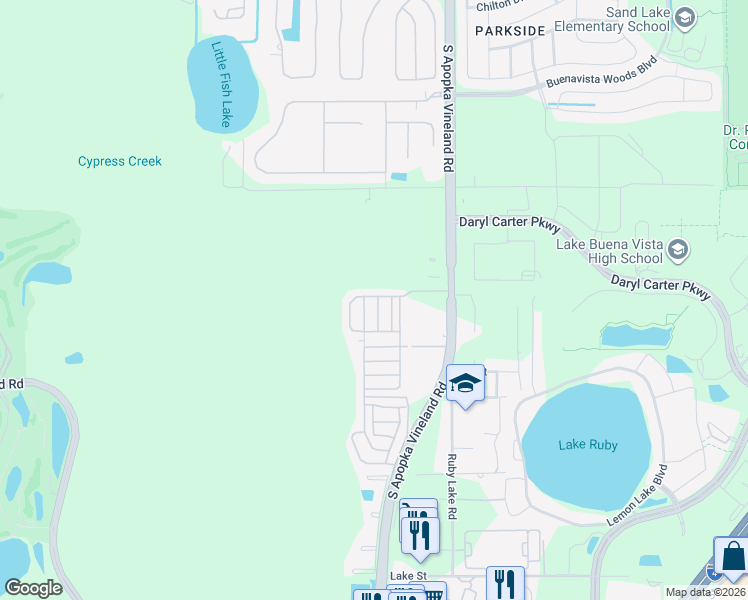 map of restaurants, bars, coffee shops, grocery stores, and more near 8929-8999 Hidden Village Blvd in Orlando