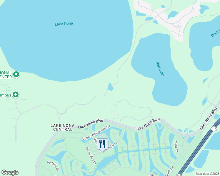 map of restaurants, bars, coffee shops, grocery stores, and more near 9395 Lake Nona Boulevard in Orlando