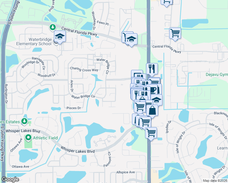 map of restaurants, bars, coffee shops, grocery stores, and more near 11252 Carriage Court in Orlando
