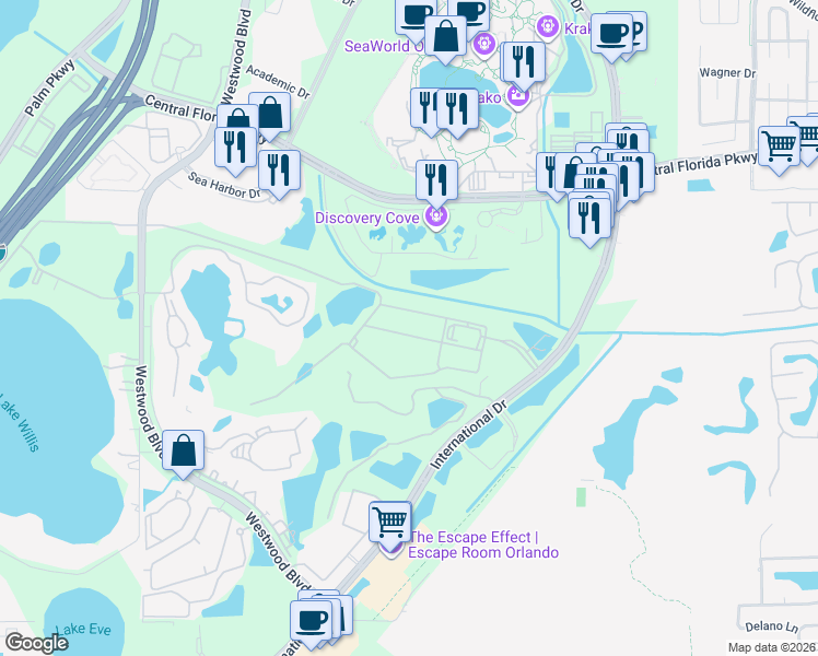 map of restaurants, bars, coffee shops, grocery stores, and more near 6351 International Golf Club Road in Orlando