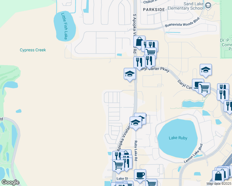 map of restaurants, bars, coffee shops, grocery stores, and more near 8885-8893 Hidden Village Blvd in Orlando