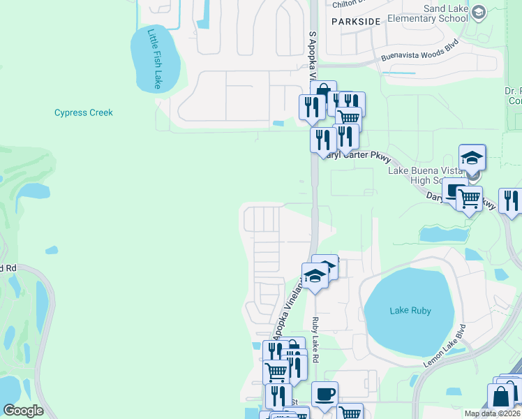 map of restaurants, bars, coffee shops, grocery stores, and more near 8929-8999 Hidden Village Blvd in Orlando