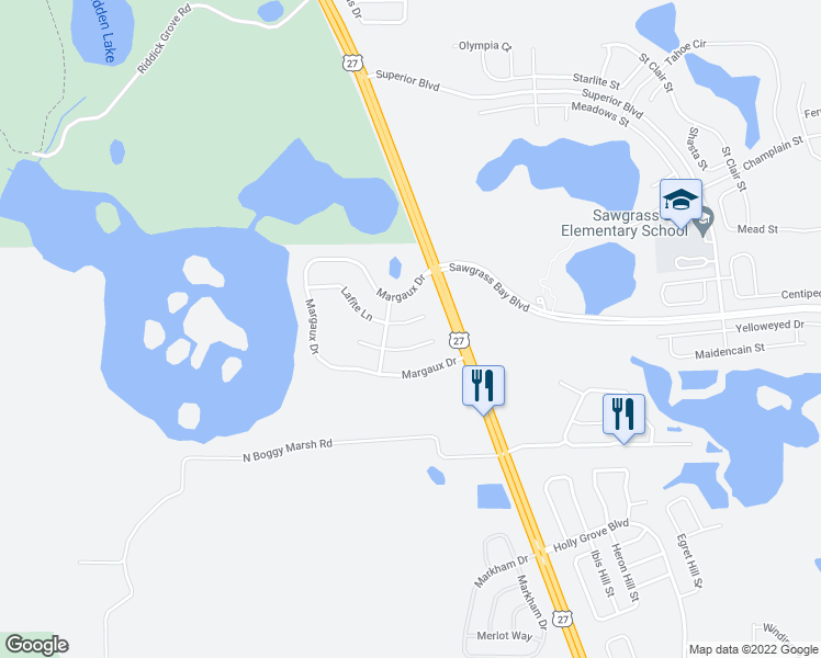 map of restaurants, bars, coffee shops, grocery stores, and more near 15352 Lafite Lane in Clermont