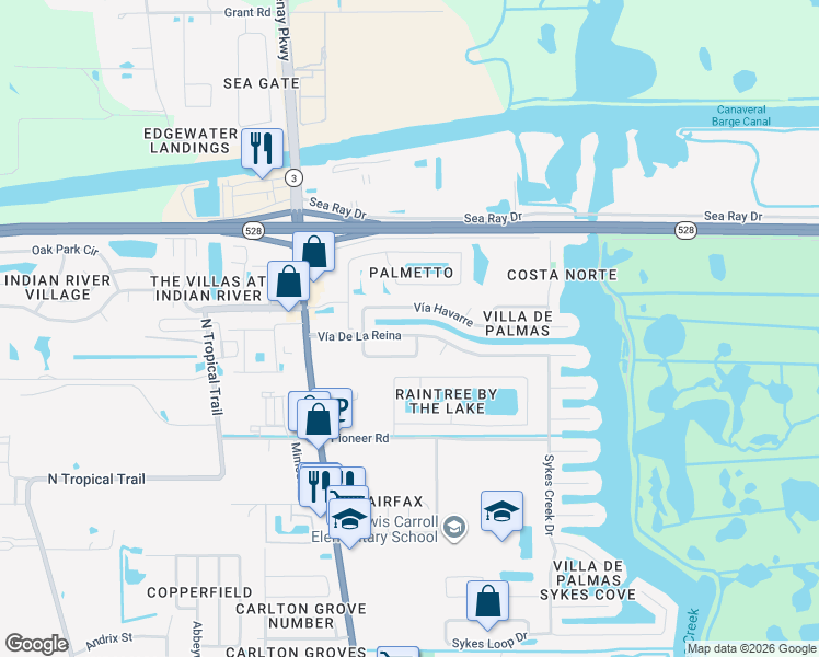 map of restaurants, bars, coffee shops, grocery stores, and more near 145 Vía Havarre in Merritt Island