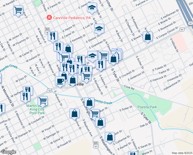 map of restaurants, bars, coffee shops, grocery stores, and more near 401A East Houston Street in Beeville