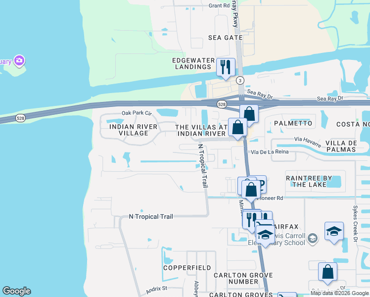 map of restaurants, bars, coffee shops, grocery stores, and more near 2510 Via Milano Court in Merritt Island