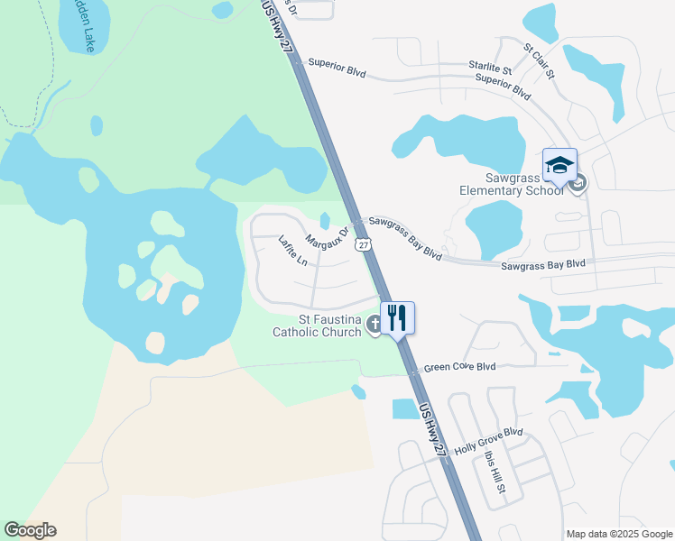 map of restaurants, bars, coffee shops, grocery stores, and more near 15352 Lafite Lane in Clermont