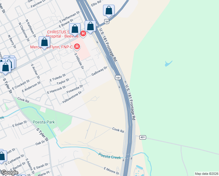 map of restaurants, bars, coffee shops, grocery stores, and more near 314 County Road 314 in Beeville