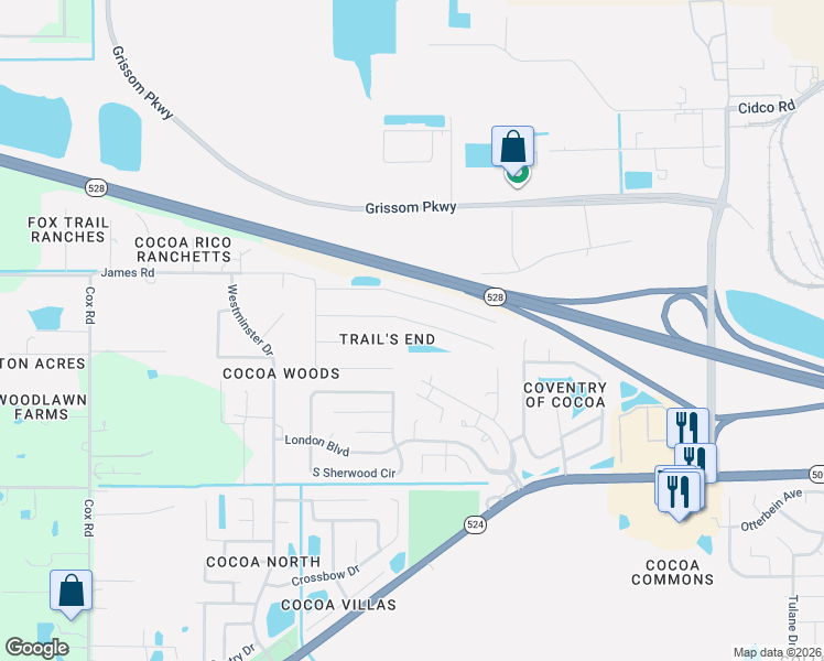 map of restaurants, bars, coffee shops, grocery stores, and more near 3342 Echo Ridge Place in Cocoa