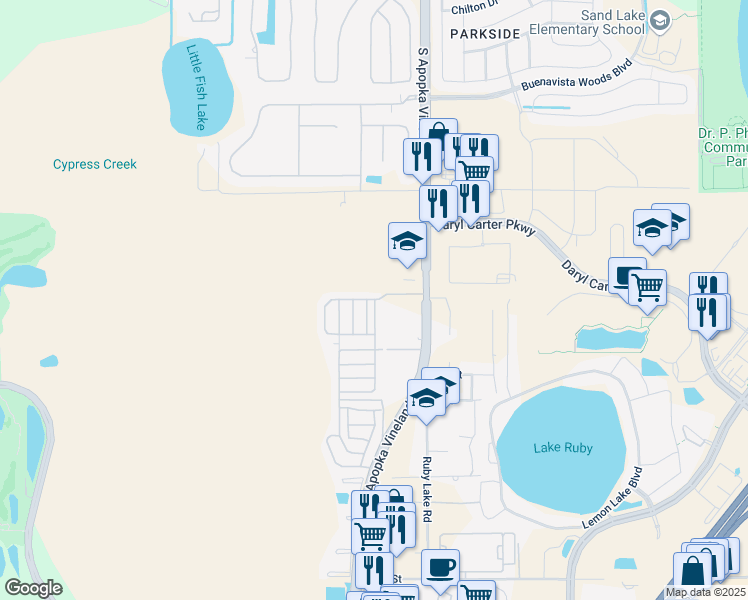 map of restaurants, bars, coffee shops, grocery stores, and more near 8885 Hidden Village Boulevard in Orlando