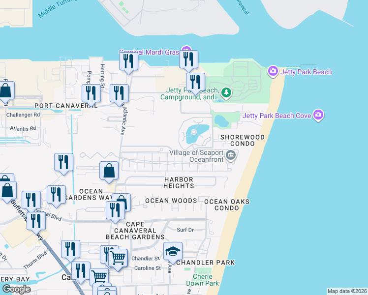 map of restaurants, bars, coffee shops, grocery stores, and more near 8942 Lake Drive in Cape Canaveral