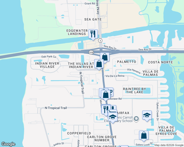 map of restaurants, bars, coffee shops, grocery stores, and more near 110 Summer Place in Merritt Island