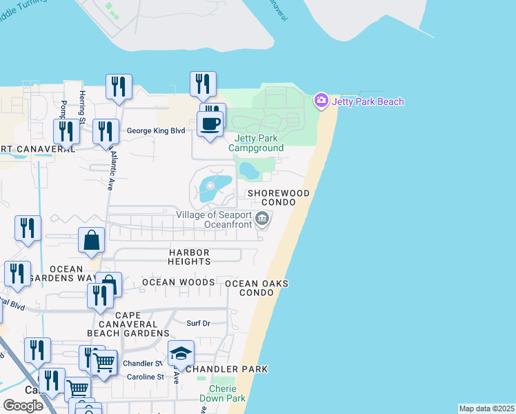 map of restaurants, bars, coffee shops, grocery stores, and more near 603 Shorewood Drive in Cape Canaveral