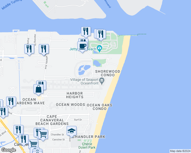 map of restaurants, bars, coffee shops, grocery stores, and more near 601 Shorewood Drive in Cape Canaveral
