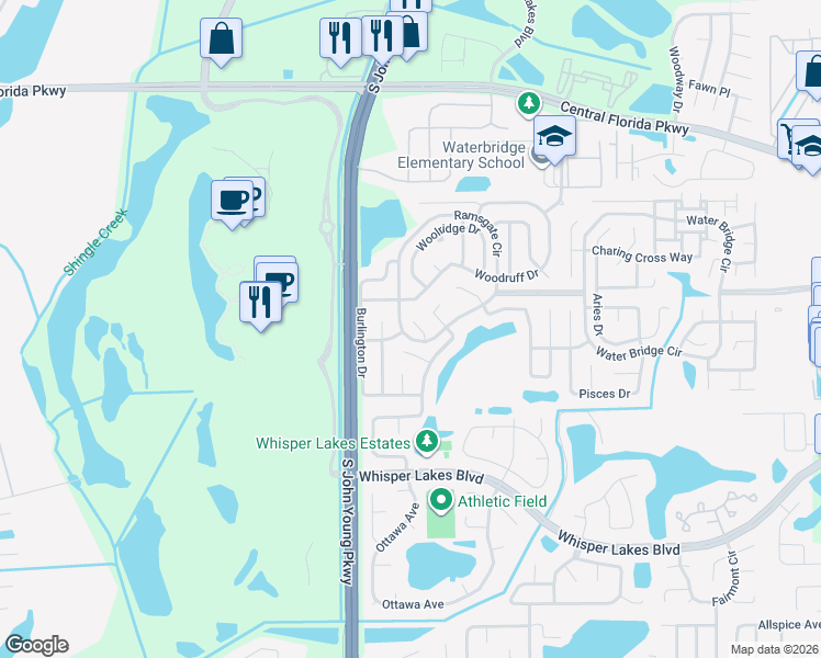 map of restaurants, bars, coffee shops, grocery stores, and more near 11304 Bingham Court in Orlando