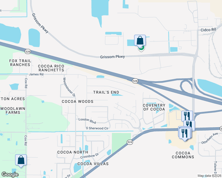 map of restaurants, bars, coffee shops, grocery stores, and more near 3342 Echo Ridge Place in Cocoa