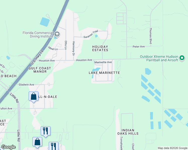 map of restaurants, bars, coffee shops, grocery stores, and more near 16817 Camille Street in Hudson