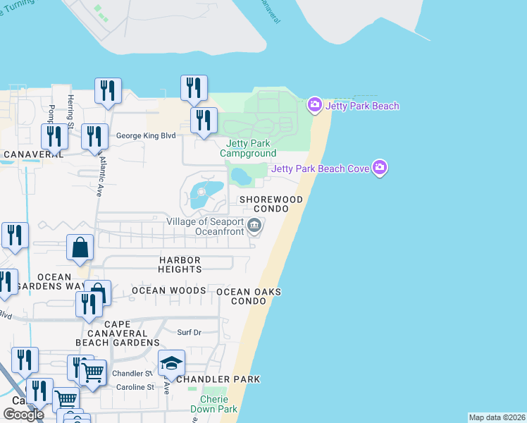 map of restaurants, bars, coffee shops, grocery stores, and more near 605 Shorewood Drive in Cape Canaveral