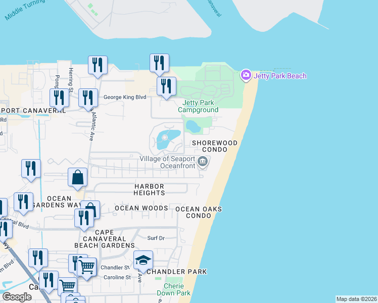 map of restaurants, bars, coffee shops, grocery stores, and more near 601 Shorewood Drive in Cape Canaveral