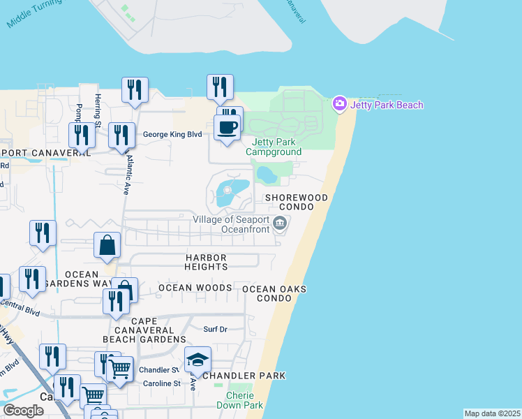 map of restaurants, bars, coffee shops, grocery stores, and more near 603 Shorewood Drive in Cape Canaveral