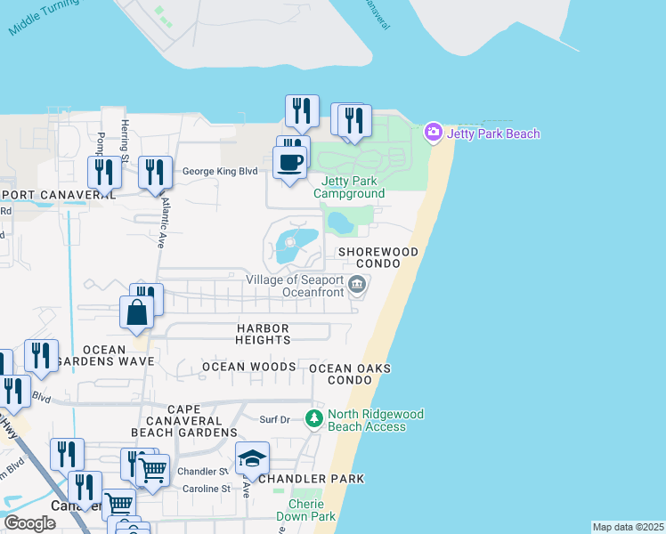 map of restaurants, bars, coffee shops, grocery stores, and more near 603 Shorewood Drive in Cape Canaveral