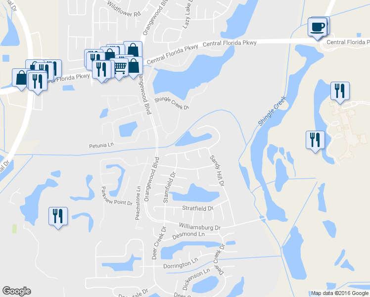 map of restaurants, bars, coffee shops, grocery stores, and more near 5427 Sandy Hill Drive in Orlando