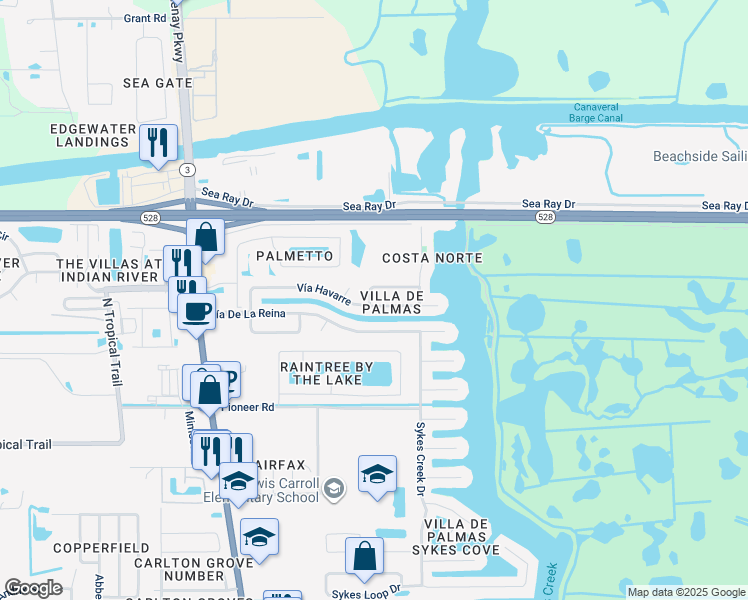 map of restaurants, bars, coffee shops, grocery stores, and more near 208 Vía Havarre in Merritt Island
