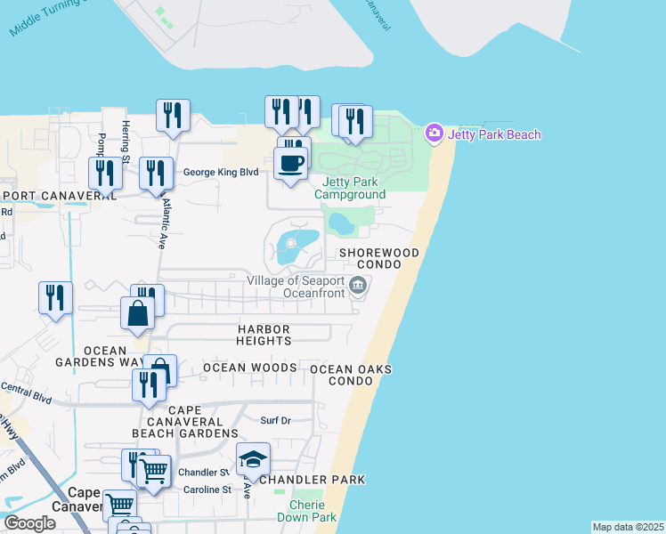 map of restaurants, bars, coffee shops, grocery stores, and more near 603 Shorewood Drive in Cape Canaveral
