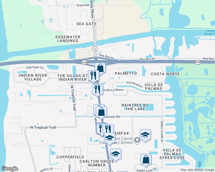 map of restaurants, bars, coffee shops, grocery stores, and more near 2492 Glenridge Circle in Merritt Island