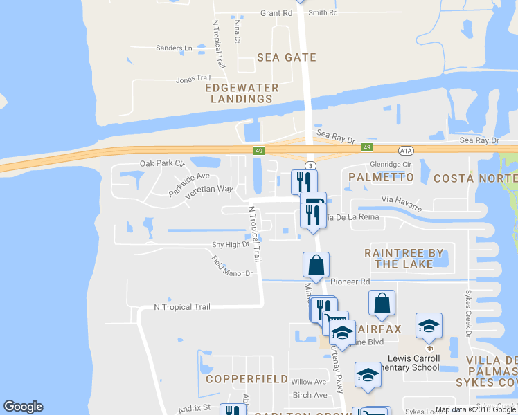 map of restaurants, bars, coffee shops, grocery stores, and more near 200 Venetian Way in Merritt Island