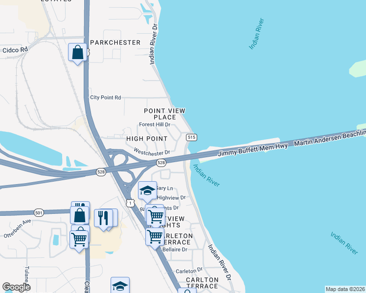 map of restaurants, bars, coffee shops, grocery stores, and more near 3410 Indian River Drive in Cocoa