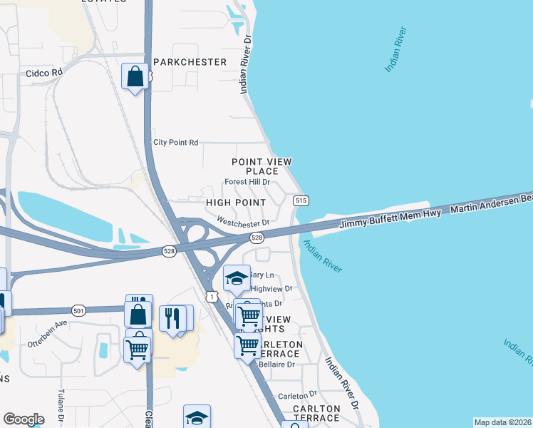 map of restaurants, bars, coffee shops, grocery stores, and more near 3208 Buckingham Lane in Cocoa