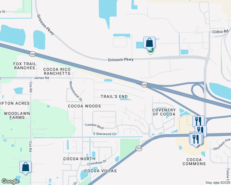 map of restaurants, bars, coffee shops, grocery stores, and more near 3402 Echo Ridge Place in Cocoa