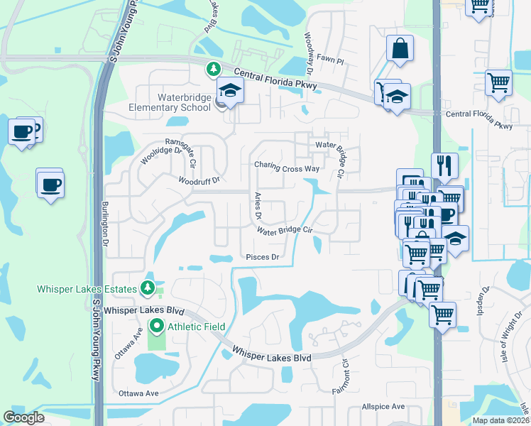 map of restaurants, bars, coffee shops, grocery stores, and more near 11310 Aries Drive in Orlando