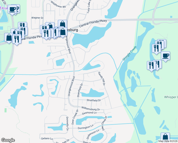 map of restaurants, bars, coffee shops, grocery stores, and more near 5427 Sandy Hill Drive in Orlando