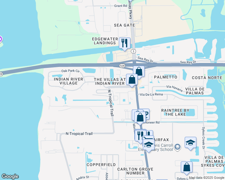 map of restaurants, bars, coffee shops, grocery stores, and more near 2402 North Tropical Trail in Merritt Island