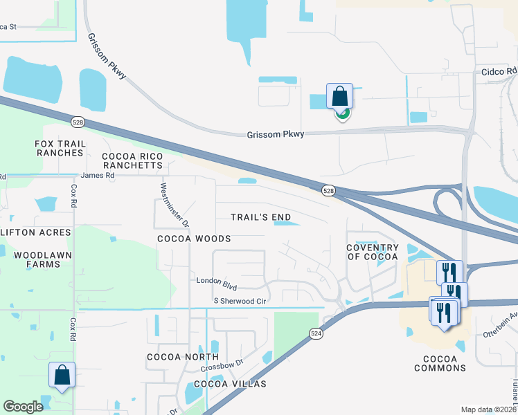 map of restaurants, bars, coffee shops, grocery stores, and more near 3402 Echo Ridge Place in Cocoa