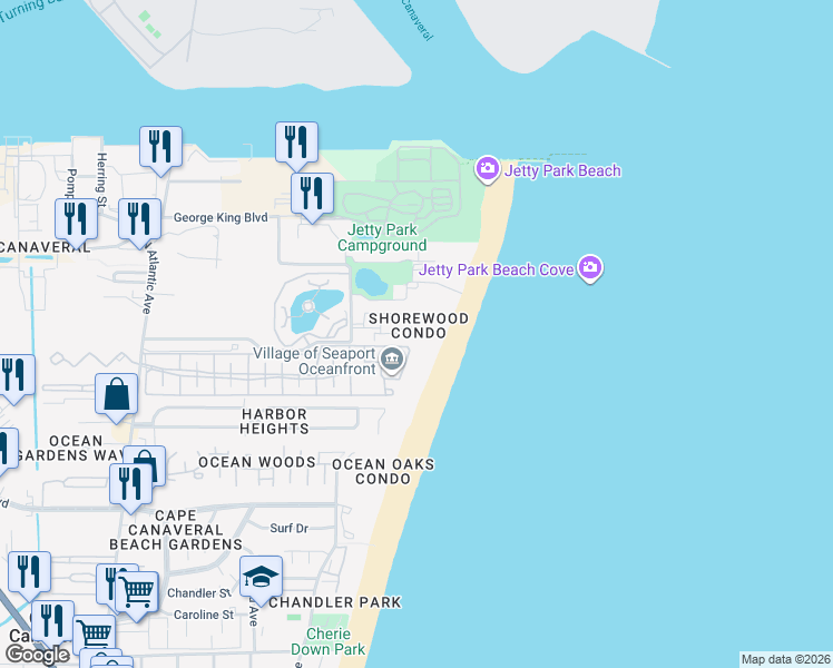 map of restaurants, bars, coffee shops, grocery stores, and more near 609 Shorewood Drive in Cape Canaveral